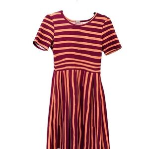 LuLaRoe Azure Dress Burgundy‎ Orange Striped Short Sleeve Casual